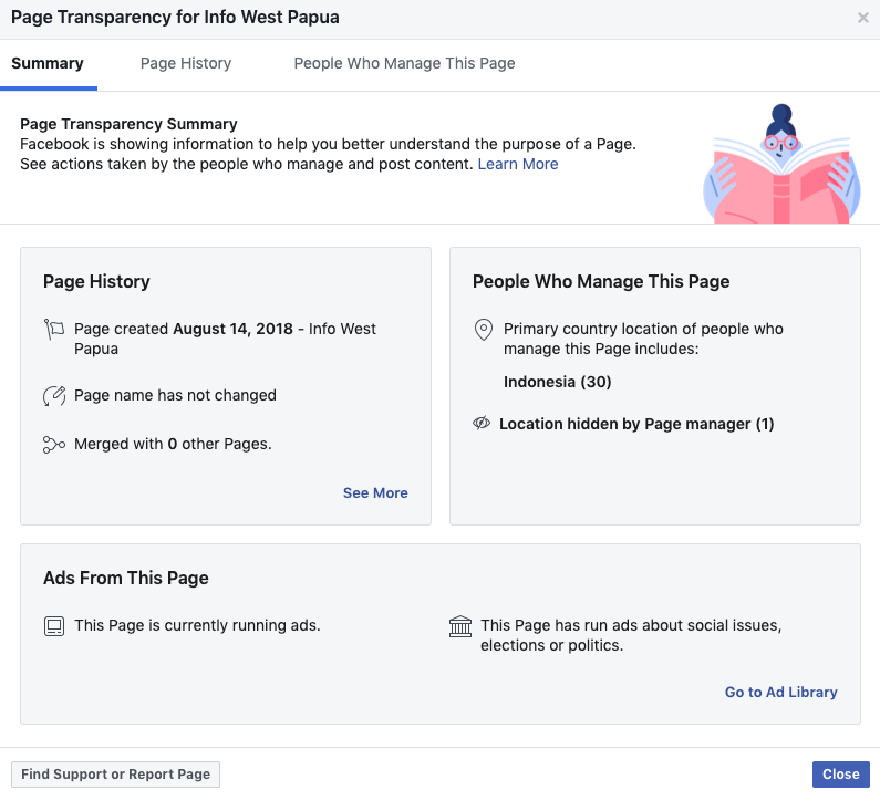 For this  @Facebook page, we can tell that the majority of the page managers are primarily from  #Indonesia and that it was registered on August 14 2018. All three Facebook pages analysed were made on the same day, and have the same number of ‘managers’.