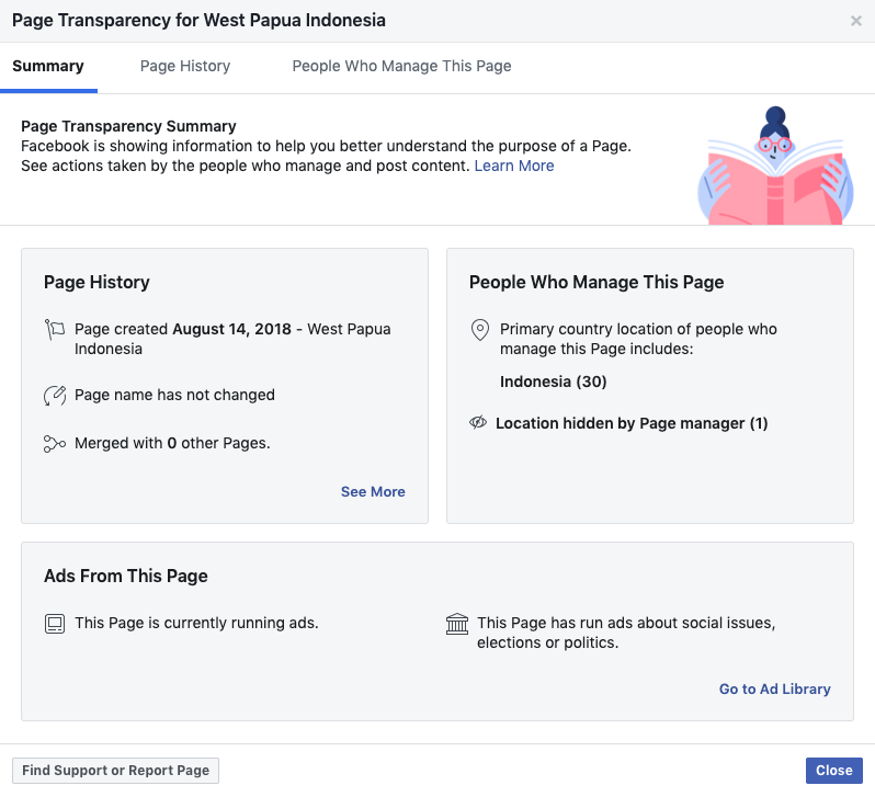 For this  @Facebook page, we can tell that the majority of the page managers are primarily from  #Indonesia and that it was registered on August 14 2018. All three Facebook pages analysed were made on the same day, and have the same number of ‘managers’.