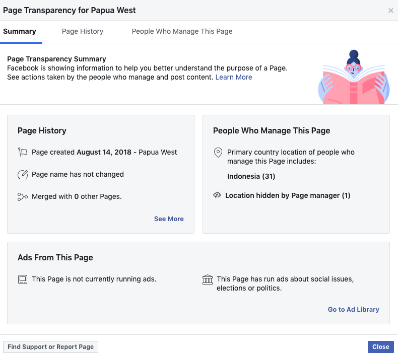 For this  @Facebook page, we can tell that the majority of the page managers are primarily from  #Indonesia and that it was registered on August 14 2018. All three Facebook pages analysed were made on the same day, and have the same number of ‘managers’.