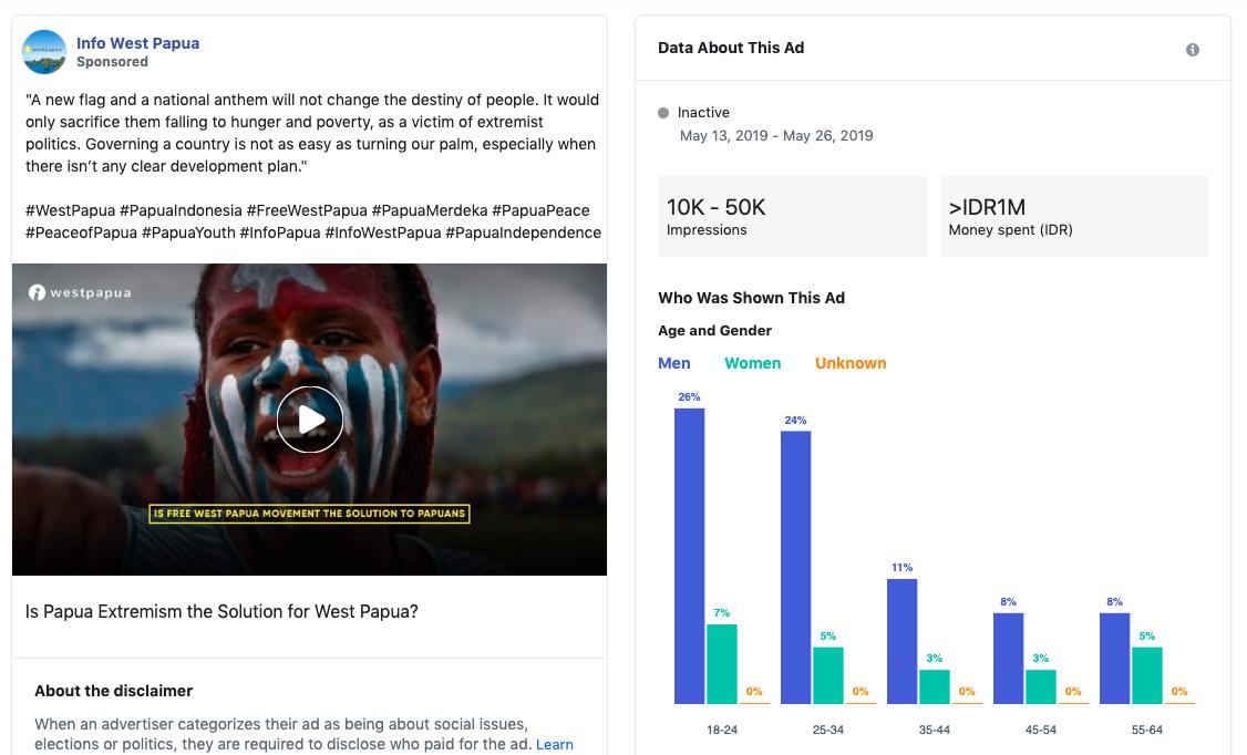 Interestingly a lot of the ads from all three pages were advertising pro-Indonesian Government propaganda about West Papua to  @facebook users in The  #Netherlands, while other posts in  #Germany, UK & other areas. While the ad rate was low (less than €100), it was a unique point.