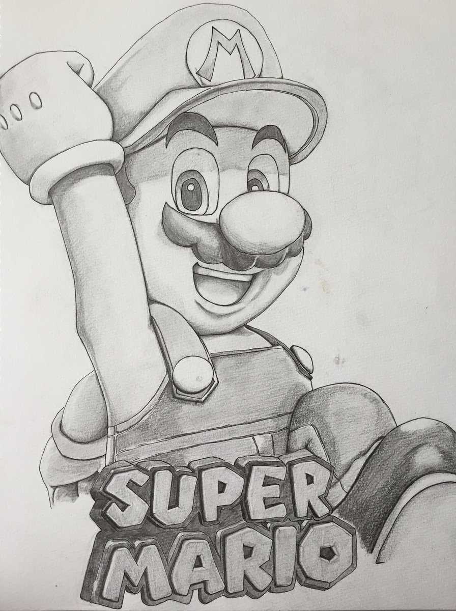 こち マリオを描いてみました 模写 スーパーマリオ アナログイラスト 絵描きさんと繋がりたい 左 白黒 色付き 右