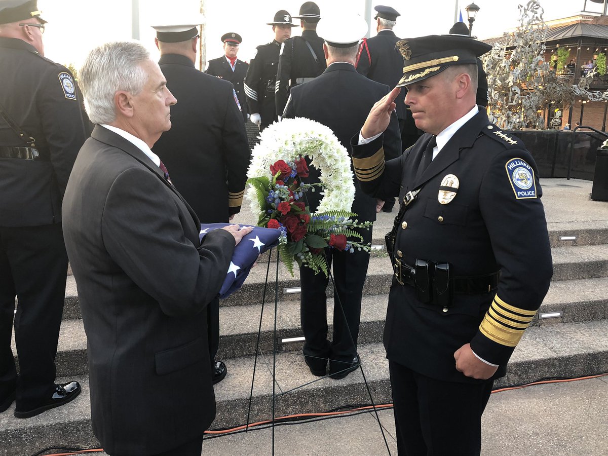 VerbalCorvo's tweet photo. .@ChiefFisher602 Hilliard Police Chief Robert Fisher presents 🇺🇸 to @HilliardMayor Don Schonhardt @HilliardGov 9-11 memorial, his last as mayor. He oversaw park’s opening in 2010. Both men spoke in particular about the heroism of United ✈️ 93. #NeverForget https://t.co/cC2ufBTqQe