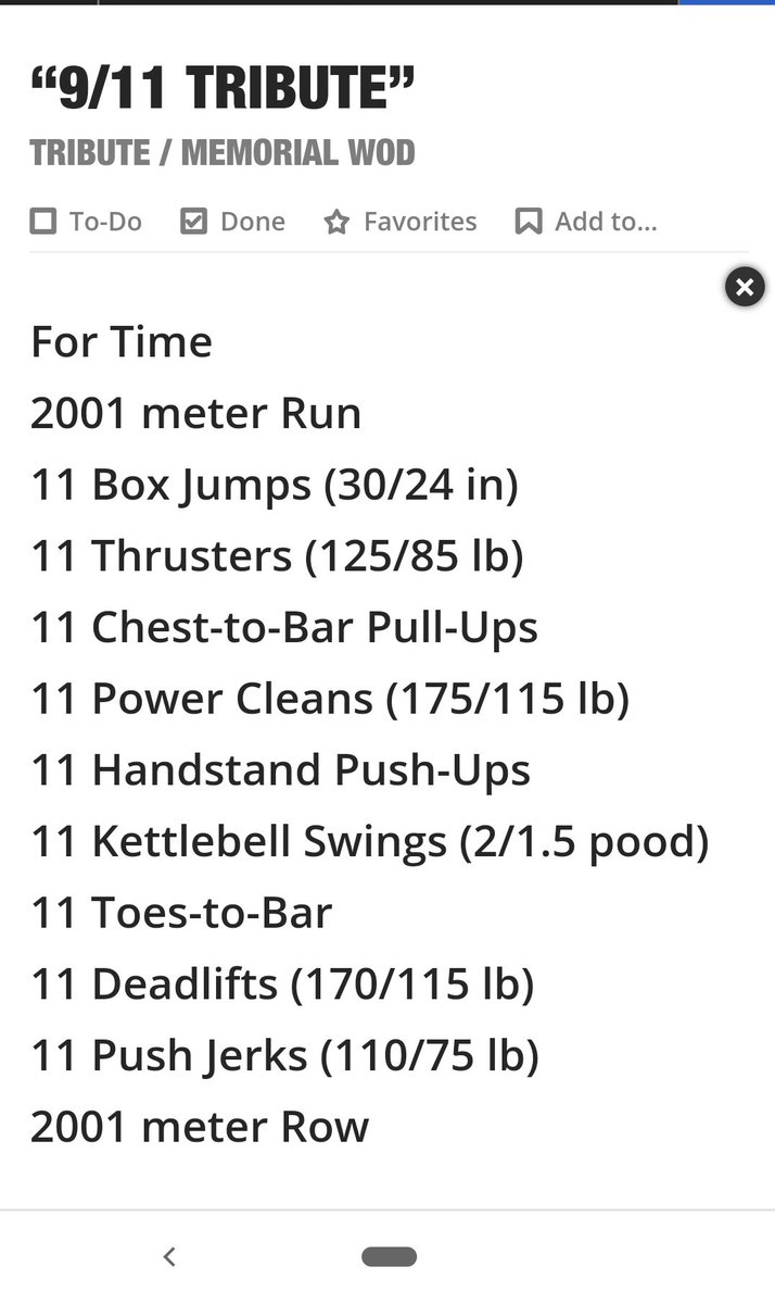 Modified due to inability to do pull-ups or hand stand push-ups, but first 9/11 WOD in the books. During this WOD prayed for the families who lost loved ones on this day in 2001. #NeverForget