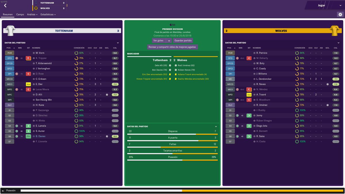 FM_Carrera's tweet photo. 🗓️J3: Spurs 2-2 Wolves

💬"Tras una primera parte nefasta, movimos el banquillo arriesgando con 3 cambios y ajustamos la táctica. Jiménez no falló y Neves igualó el encuentro el solito"

🔒Rui Patricio 
⚙️Dendoncker/Neves 
🗡️Jiménez

🧡🧡🧡

#FMCW #FM19 #Wolves https://t.co/w2Gtk4z67d