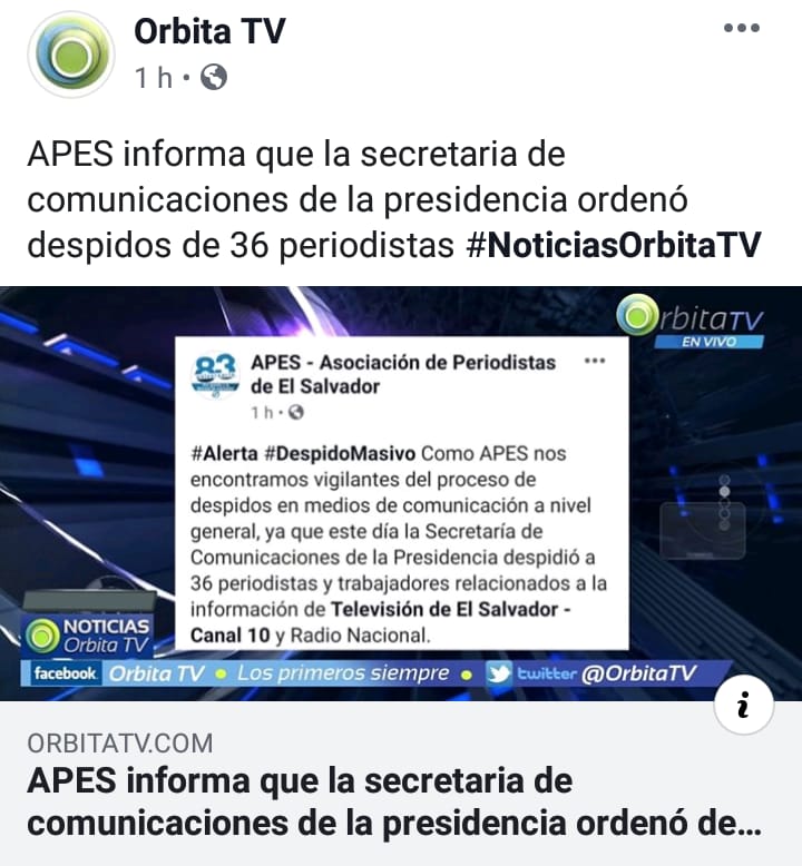 MDespedidos's tweet photo. Hoy el gremio periodístico es el atacado, será que no le gusto alguna pregunta al Sr. presidente, si no eres sumiso con el te despiden @FESPAD_sv @OrbitaTV  @UCA_ES @FGR_SV @teledos_tcs @noticias4vision  @NoticieroHechos @_ElFaro_ @elblog @ElMundoSV @elsalvadorcom @LaPagina https://t.co/S93yftw46p