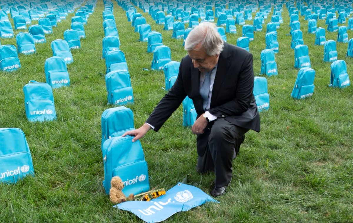 antonioguterres's tweet image. These 3,758 backpacks represent each of the 3,758 children killed in conflict last year.

This is heartbreaking and unacceptable. May these backpacks become a universal symbol of hope, and a heartfelt cry for peace.