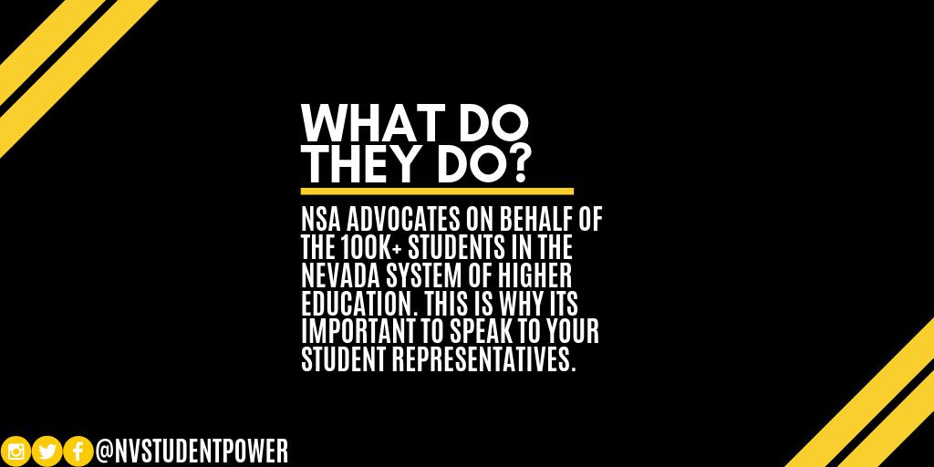 <a href="/NSHE_NSA/">NV Student Alliance</a> is the most powerful student organization in our state. They advocate on behalf of students &amp; work with NSHE &amp; the Board of Regents to resolve student issues. Make sure to stay involved in your campus’s student government &amp; to keep them informed about the issues. #NVSP