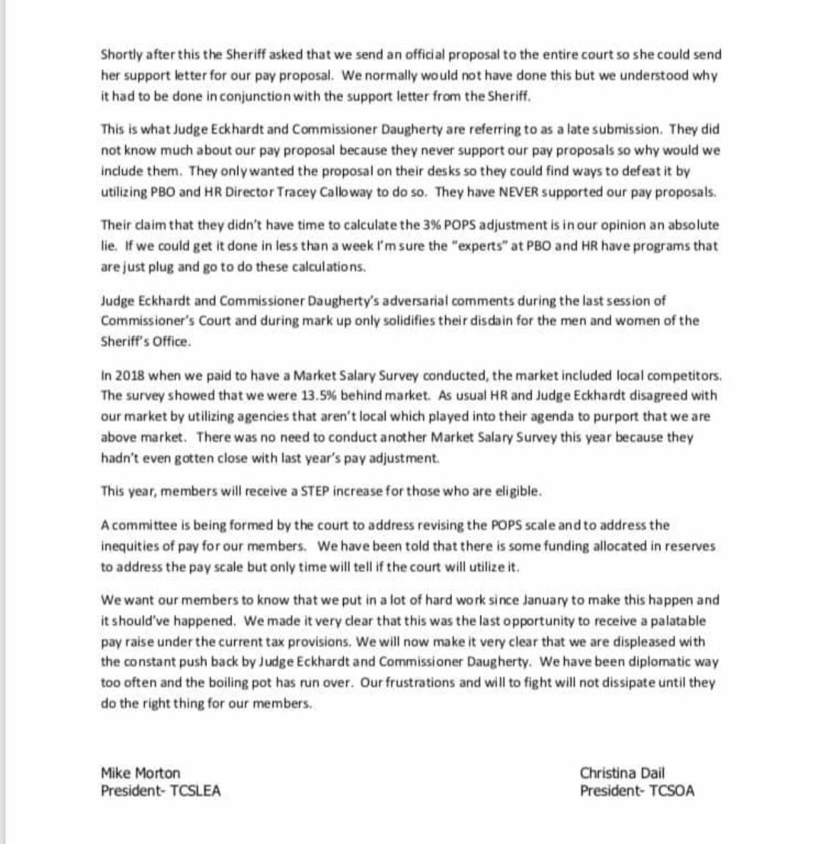 Tcslea912's tweet photo. The letter below illustrates the efforts that #TCSLEA and #TCSOA have gone to and that this was not a last minute request. Our leadership had worked on the compensation request for months prior to the final budget conversations last week that sparked our recent outrage. https://t.co/JYkdrLSlhH
