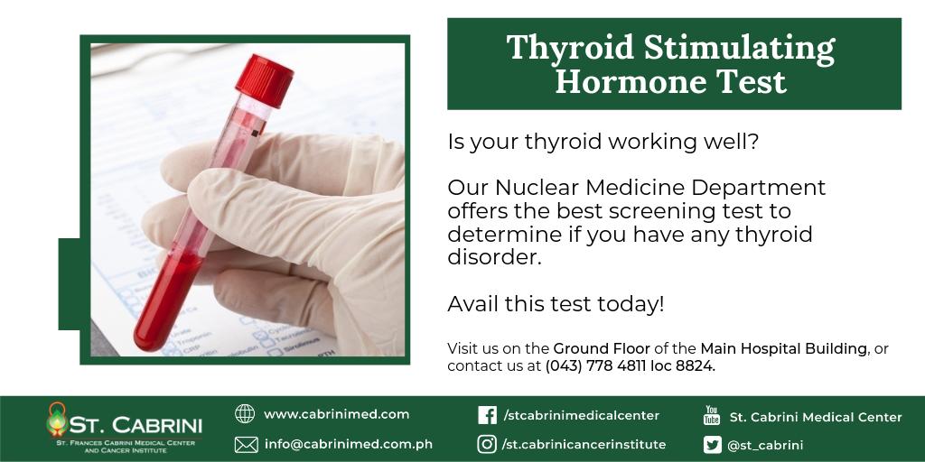 stcabrinimedctr's tweet image. A Thyroid Stimulating Hormone (TSH IRMA) Test is a blood test done to find out whether you have hyperthyroidism or hypothyroidism.

To avail this test, visit our Nuclear Medicine Department at Ground Floor, Main Hospital Building.

#ChooseStCabrini #TSHTest