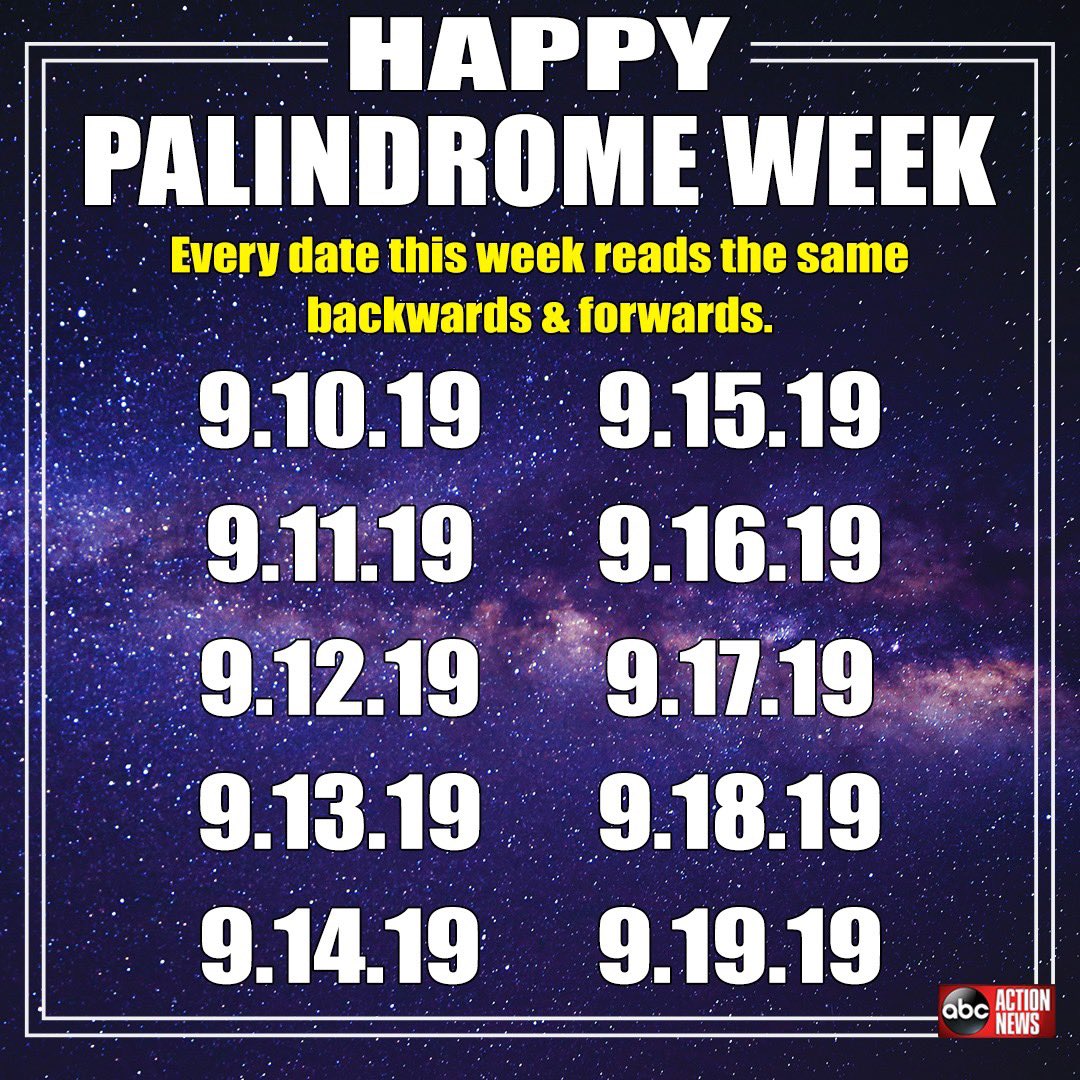 10 days of palindromes from <a href="/ABC/">ABC News</a>! Can you think of when else this happens? 

#palindrome #mac #mathmac #palindromeweek #iupui #iupuimath #abc #abcnews #macchallenge #challenge