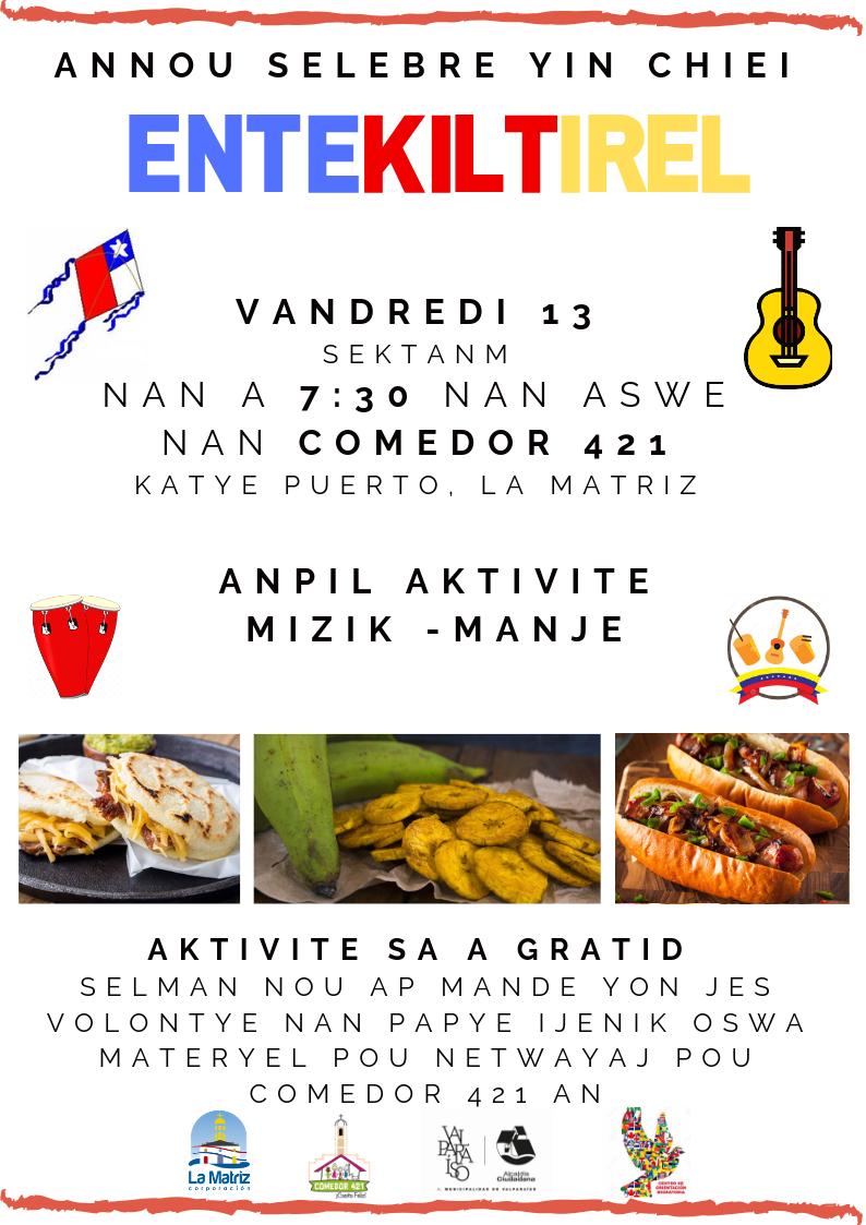 CorpLaMatriz's tweet photo. ¡CELEBREMOS LAS FIESTAS PATRIAS! Comunidad #chilena, #haitiana, #venezolana y #migrante, en su amplio sentido. Los invitamos a celebrar Fiestas Patrias en nuestro querido #BarrioPuerto. Viernes 13 de septiembre, #Comedor421, desde las 19:30 hrs. ¡LOS ESPERAMOS! https://t.co/7fFnkOl1kH