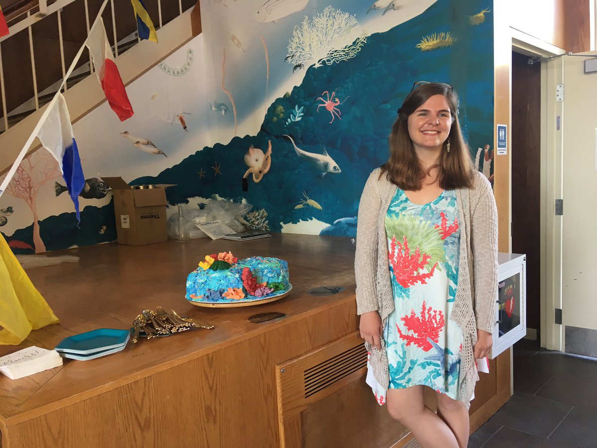 AmyApprill's tweet photo. Congratulations to @wildthang1276 - who is now Dr. Laura Weber - on her super successful dissertation defense, focused on Caribbean coral reef microbiology!! ๐ด๐ ๐Celebratory cake ๐ฐ by the awesome @WHOI and @MIT_Oceans students and staff. https://t.co/vM7oMIJz6W