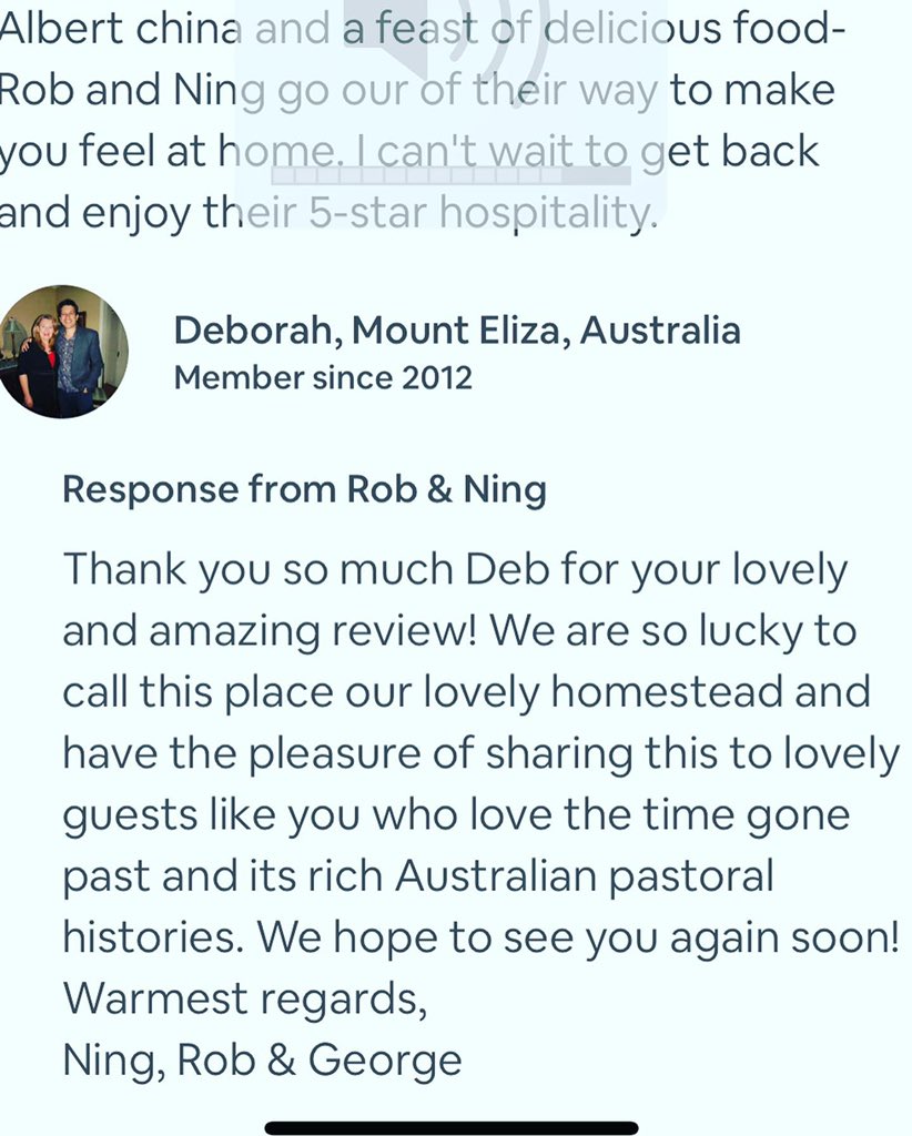 ning_clark's tweet photo. What a pleasure to have such lovely guests and leaving an amazing reviews! All 39 reviews we have on Airbnb and other messages on our guests book in the homestead makes us feel so proud and privileged to be able to share this to lovely people. Thanks Deb! 💐💕 https://t.co/CG1byhoNli