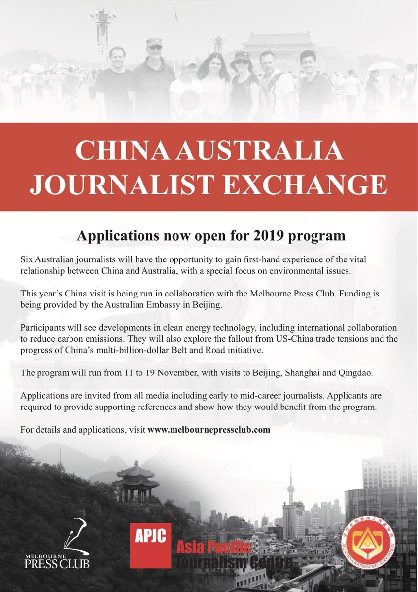 Australian journalists are invited to apply for the 2019 China Australia Journalist Exchange. The November program will focus on clean energy technology with visits to Beijing, Shanghai and Qingdao. 

Run this year with @melbpressclub support, details at: melbournepressclub.com/article/applic…