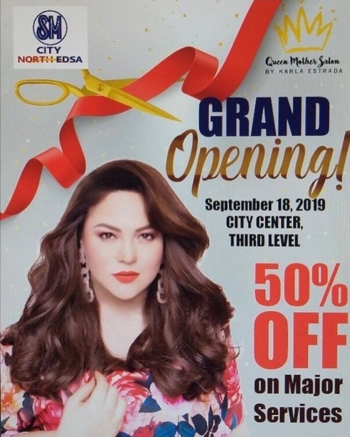 QMSKarlaEstrada's tweet photo. Join us on the Grand Opening of our Queen Mother Salon SM North Edsa branch happening on September 18,2019. Momshie Karla Estrada and some surprise guests will also be there! Plus get 50% off our major services starting today! See you there! https://t.co/3euFA2kk4U