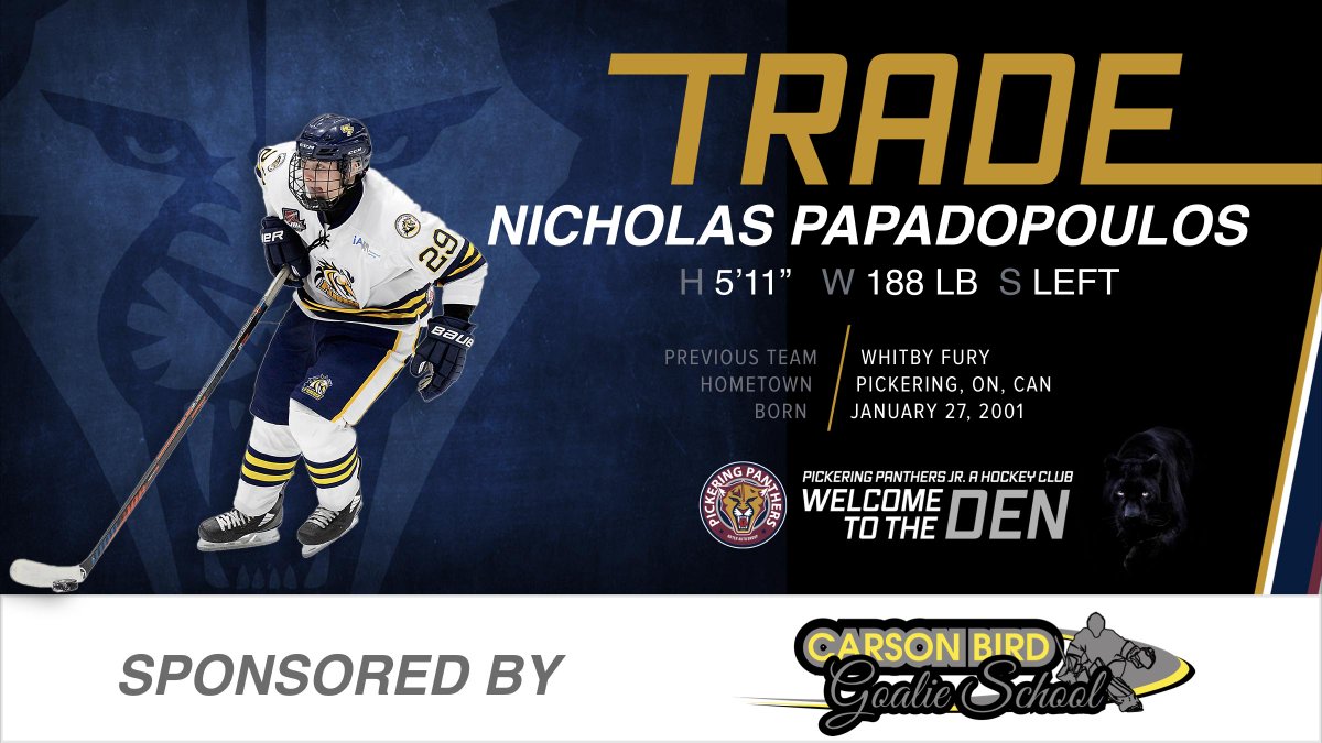 PanthersOJHL's tweet photo. BREAKING: We have acquired Forward Nicholas Papadopoulos from the @WhitbyFuryJrA 

Papadopoulos recorded 17 points (10 goals) in 52 games last year playing for Whitby.

Welcome to the #Den Nicholas

Sponsored By: @CarsonBirdGS 

#placetoplay https://t.co/UEPTHJfU7i