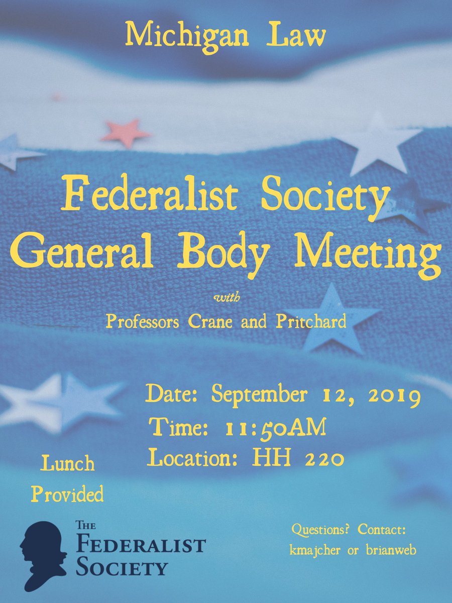 Hello Federalists and soon to be Federalists!

If you want to learn more about the Federalist Society and opportunities to get involved especially with the upcoming symposium, our General Body Meeting is TOMORROW!

General Body Meeting
Date: Sept 12
Time: 11:50AM
Location: HH 220