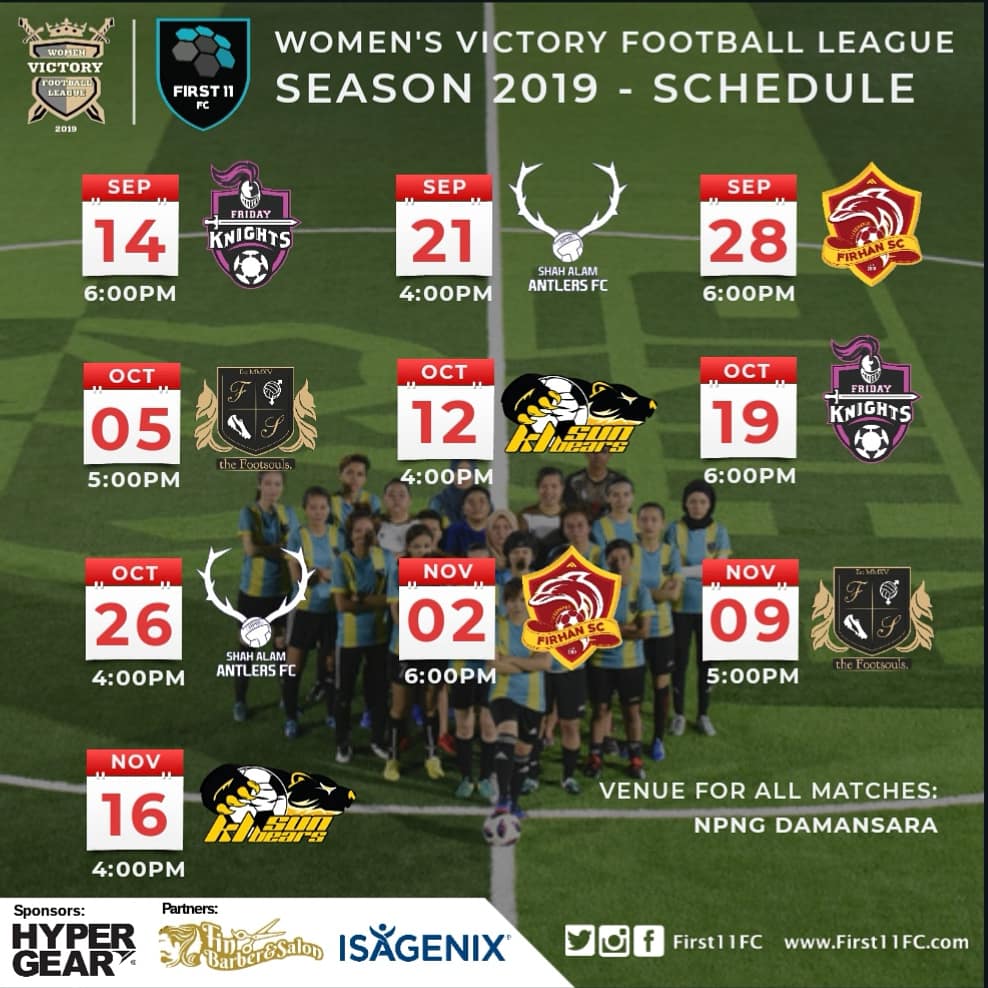 first11fc's tweet photo. Here it is! Our ladies full match schedule in the upcoming Women's Victory Football League. 1st game this Saturday and we're up against @fridayknightsft. Do come and support our ladies!
#first11fc #football #womensfootball #hypergear #drybags #finbarbersalon #isagenix https://t.co/wmvx453WK0