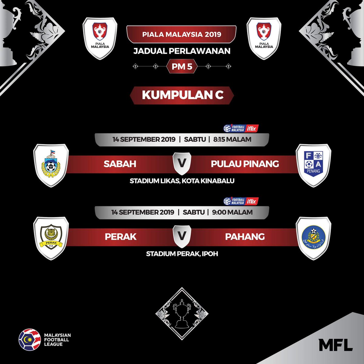 sukanperak's tweet photo. INFO #PialaMalaysia2019 #PM5
13 Sept 2019 9 mlm
#PKNPFC lwn UiTM #PKPvUiT
Stdm MP Manjung
Live iflix
14 Sept 2019 9 mlm
#Perak lwn Pahang #PRKvPAH
Stdm Perak, Ipoh
Live iflix
#PerakTBG #TheBosGaurus #VamosPKNP #SukanPerak #sukan #PerakPower #PKNP https://t.co/Gcqh8uTJ44
