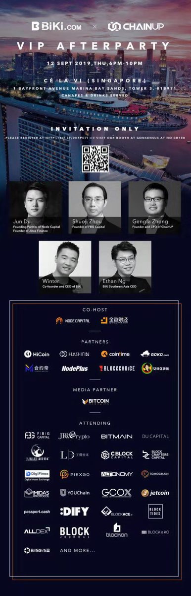 Singapore Consensus and its biggest after-party, hosted by Biki.com, is happening tonight at the Marina Bay Sands at its famous rooftop bar, CÉ LA VI!

Top funds and VIPs from FBG Capital, Bitmain, BlockCrafters and more, will be attending tonight. Don't miss it!
