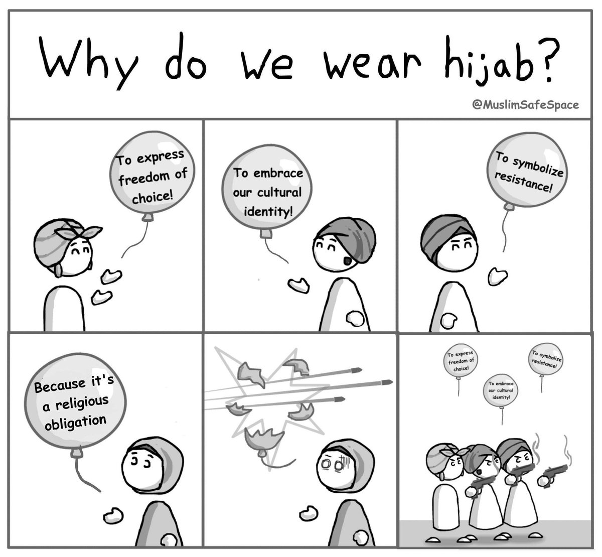 MuslimSafeSpace's tweet photo. Why do we wear hijab?
--
(Reupload with some edits- removed the word "Allah" from the balloon that pops) https://t.co/GnBryFPcmv