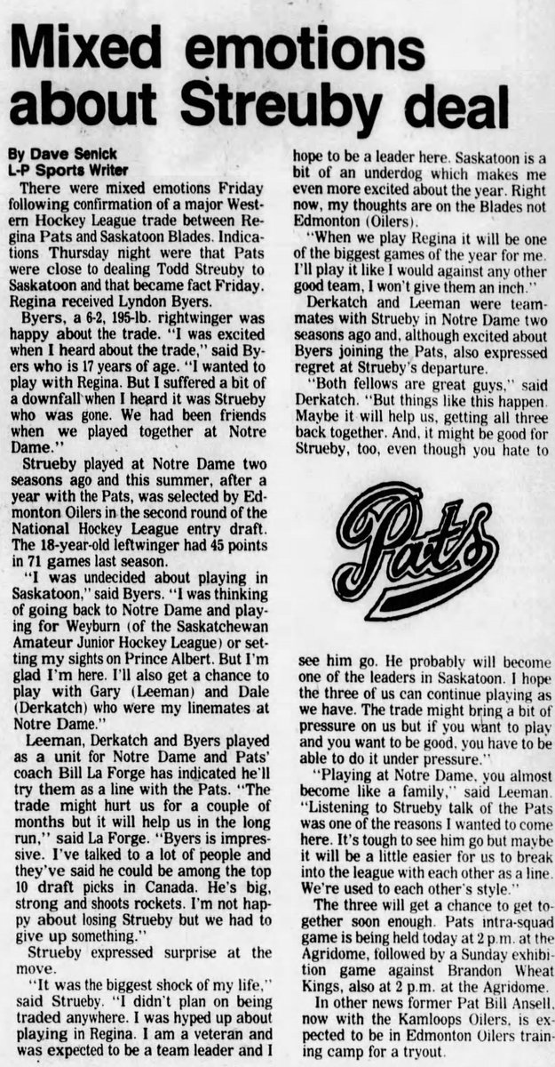 38 years ago today - September 11, 1981 - The Pats trade Todd Strueby to the Saskatoon Blades in exchange for Lyndon Byers. #JoinTheRegiment