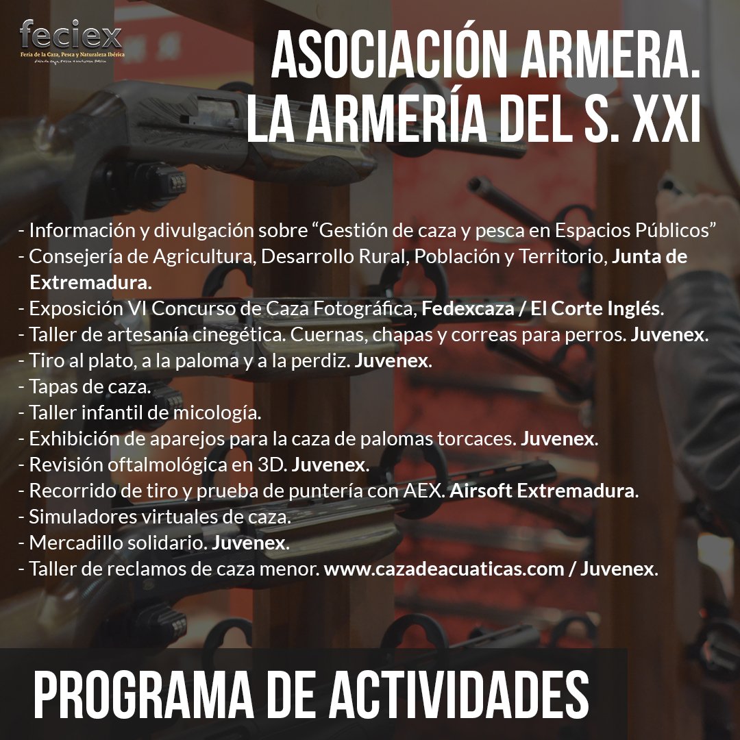 ¡Llegó el día! ✨ Hoy damos comienzo a la 29 edición de #FECIEX. Nos esperan cuatro días muy completos con todo tipo de actividades para todos los públicos y todas las edades 👏

¡Os esperamos en la inauguración oficial a partir de las 12h!  🎣🏹 #feciex19 #cazaypesca