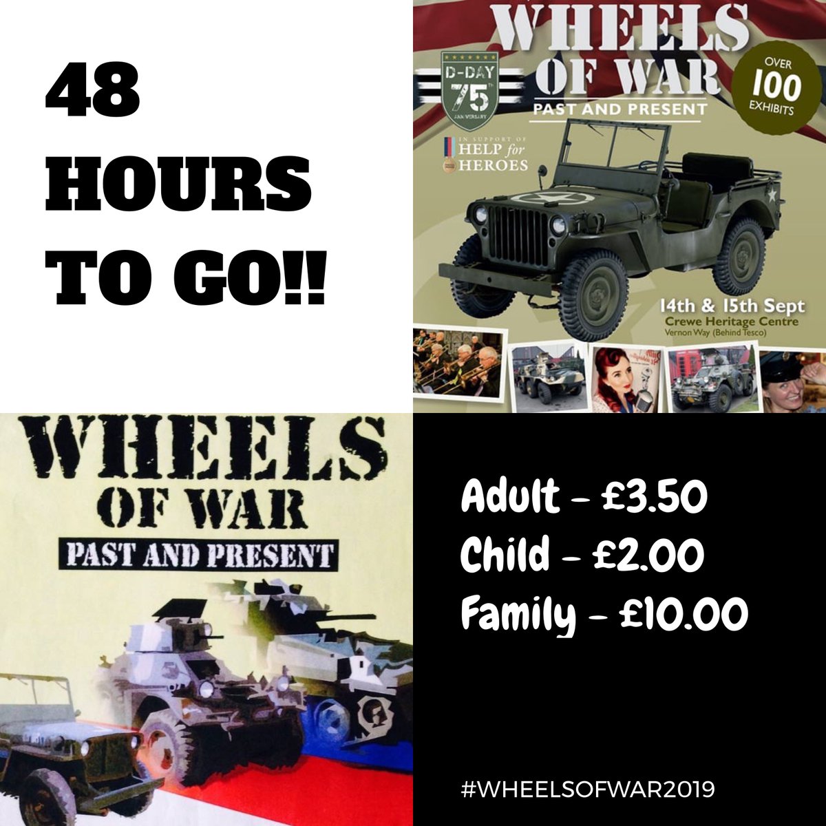 CreweHC's tweet photo. 48 Hours to go!!
We are really excited for this years Wheels Of War.
Over 100 exhibits
Entry from only £2.00
For more information please see https://t.co/mbFsSKblMu
#wheelsofwar #show #vehicles #crewe #familydaysout https://t.co/eWEESY7ek6
