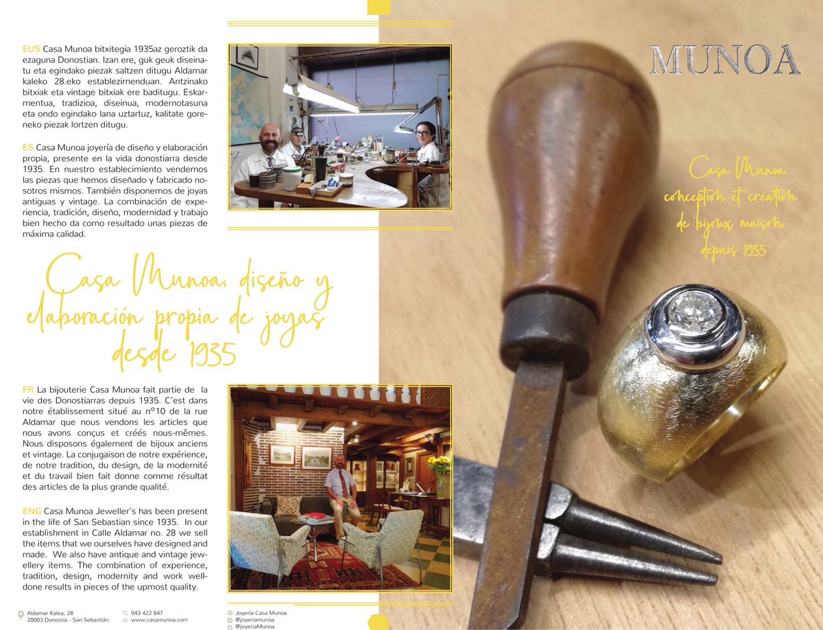 singulardendak's tweet photo. 📿~CASA MUNOA, DISEÑO Y ELABORACIÓN PROPIA DE JOYAS DESDE 1935 ~📿⁣
⁣
Eskarmentua, tradizioa, diseinua, modernotasuna eta ondo egindako lana uztartuz, kalitate goreneko piezak lortzen ditugu.⁣ 
⁣
📍DONOSTIA 👉 Aldamar kalea, 28 ⁣
⁣ https://t.co/xe1faHib3X