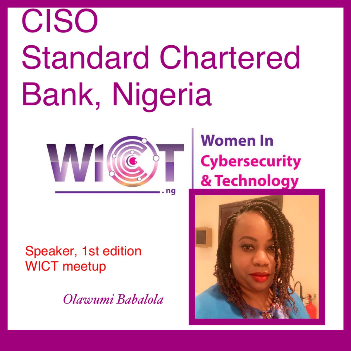 wict_nig's tweet photo. Look who’s coming to share her journey to being a CISO of one of the major banks in Nigeria 🙌🏼. Yes, she’s a lady..
#meetups #wict #saturday #14thsept #cybersecurity #womenincyber https://t.co/uErY3lRrFt