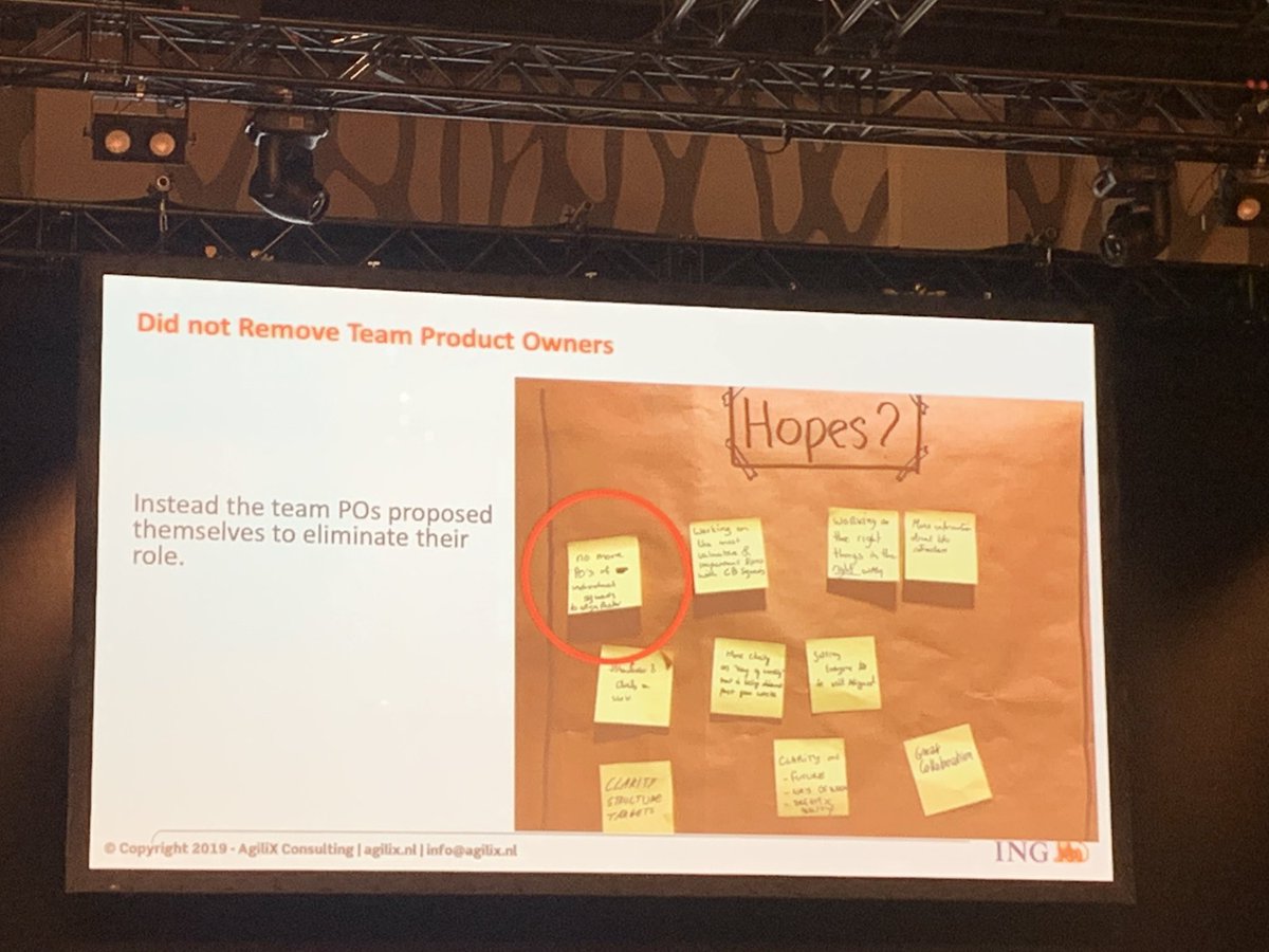 Product Owners at ING decided to eliminate their roles themselves once they saw how team POs were unnecessary for a single product. <a href="/cesarioramos/">cesarioramos</a> #LeSS2019