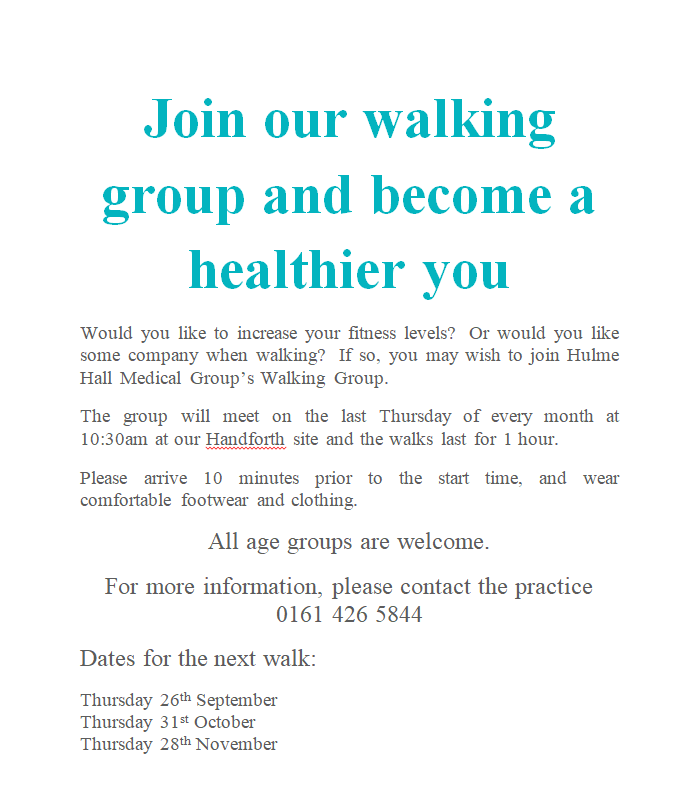 GroupHulme's tweet photo. Here are the new dates for our surgeries walking group! #HHMG #Walkingroup https://t.co/c1CrQL4CiZ