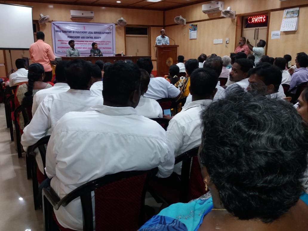 HIV/AIDS Act Dissemination programme was conducted on 26.06.2019 at Pondicherry Legal Service Authority, Puducherry in the presence of member Secretary cum District Judge, Project Directer-PACS, DD-IEC and AD-SPM. Session was taken by TE(A&P), TSU.