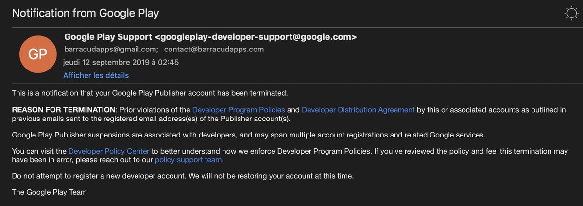 AppsSprl's tweet photo. Hey @GooglePlayDev ! Can you please explain this ?... As told in the form we had to fill in, we don't violate the Developer Program Policies as they tell me in this mail. We only allow users to support the dev team via PayPal but there's no in-app purchase... https://t.co/wv7GHDC8qV