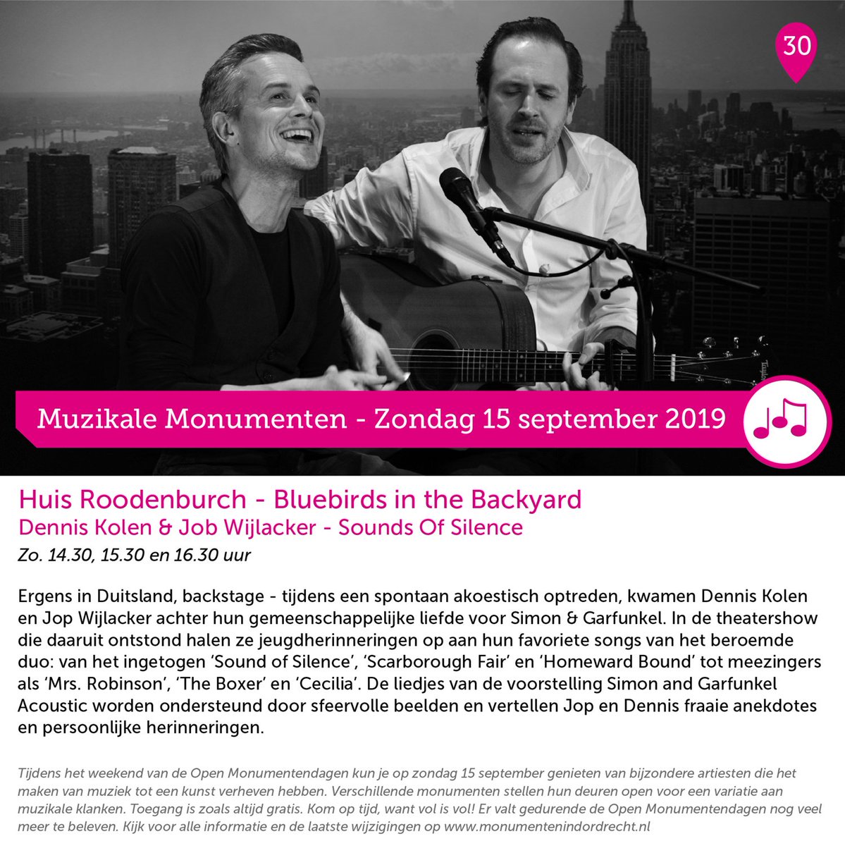 Het Open Monumenten Weekend komt er weer aan. Ook in Dordrecht. Op zondagmiddag 15 september zullen er diverse - bij het thema aansluitende - #gratis optredens plaatsvinden. Ook Dennis &amp; Jop zijn erbij. #OMD2019 Kijk voor meer informatie op ow.ly/kqKf30lAgf7 #simongarfunkel