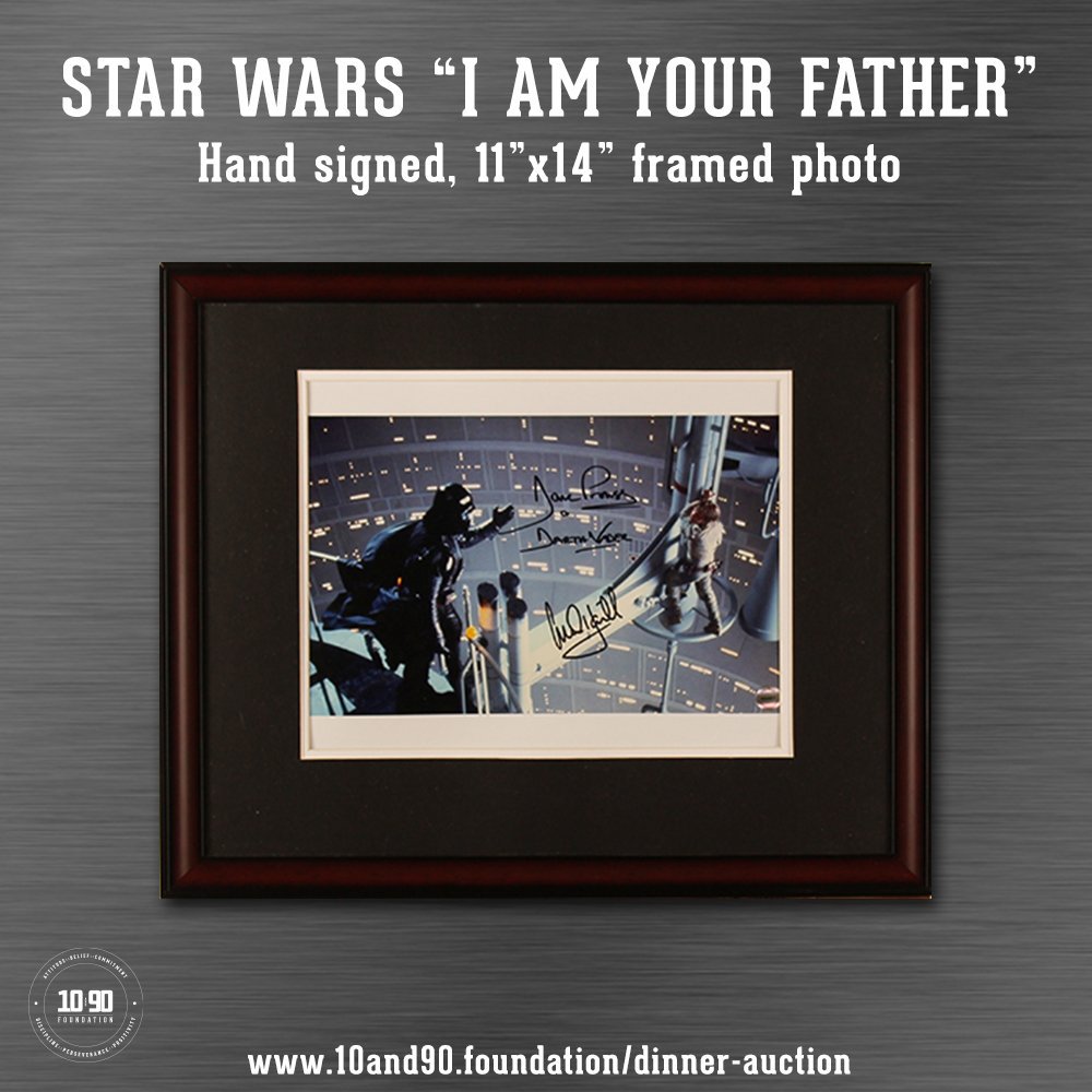 the10and90fndn's tweet photo. Hand signed by both Darth Vader (James Earl Jones) and Luke Skywalker (Mark Hamill) themselves, bid on this 11"x14" framed photo.

Get this and more at our event on September 21st, see you there! #10and90foundationdinner

https://t.co/jlATwEOqte https://t.co/uGfsBWGZ2m
