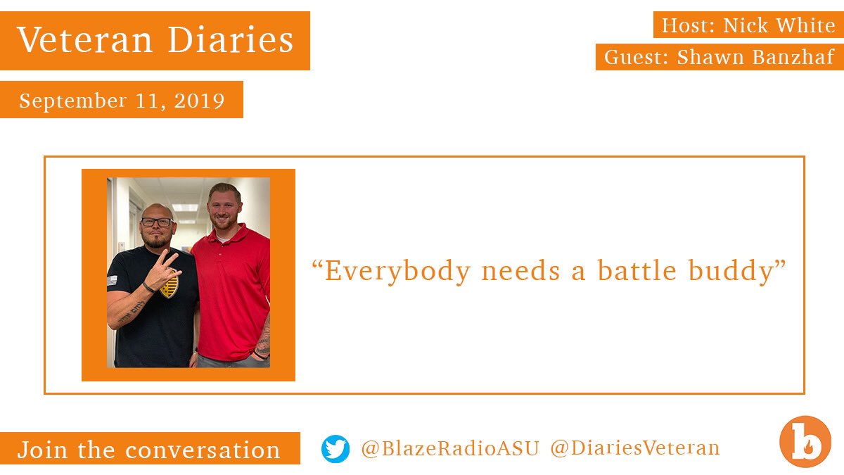 BlazeRadioASU's tweet photo. It’s suicide prevention week, so it’s also time to have important conversations. To hear more about the impact of 9/11 on the Veteran community and mental health, go listen to Nick White’s “Veteran Diaries” https://t.co/hhhn3P7RYI https://t.co/4ZNgDxMlmk
