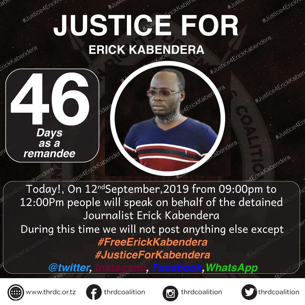 WateteziTV's tweet photo. Let us all join hands in demanding justice for Kabendera today, September 12, from 12:00pm to 06:00pm by using our social media platforms to speak on his behalf. Tweet, post and comment on justice for Erick Kabendera using hashtags 👇

#FreeErickKabendera
#JusticeForKabendera https://t.co/8iF3cpibXy