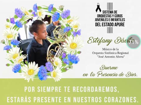 El <a href="/nucleobiruaca/">NÚCLEO BIRUACA</a> hacemos llegar nuestras palabras de condolencias para los Familiares y Amigos de Estefany Davila, quien falleció hoy y era miembro del <a href="/elsistema/">El Sistema</a> en el <a href="/elsistemaapure/">El Sistema Apure</a> 
#LutoActivo
#ElSistemaDeLuto