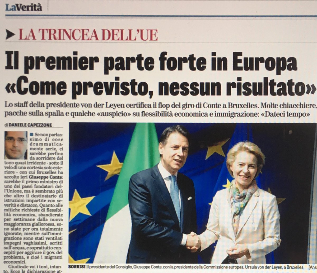 Capezzone's tweet image. +++Oggi su @laveritaweb+++
#Conte vede #vonderLeyen e incassa una nuova fregatura sui migranti. Francia e Germania sempre accoglienti: ma con i porti italiani. Redistribuzione? Solo dei profughi (10% di tutti quelli che arrivano). In edicola!