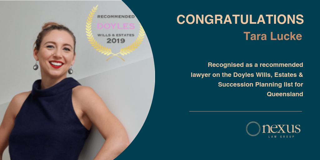 ArchLawAus's tweet photo. Congratulations to our very own @TaraLuckeLegal for being recognised as a recommended lawyer on the Doyles Wills, Estates &amp; Succession Planning list for Queensland this year for her work here at @NexusLawGroup! https://t.co/cjBL17Ug7H