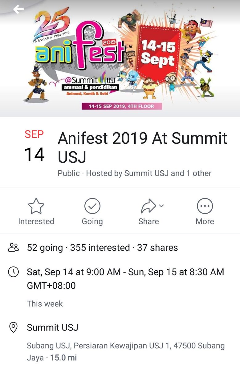 Yuki_Lialina's tweet photo. Just found out
Animation festival for all local animation, comic & hobby at Summit USJ. There will be showcase, talk, forum, competition, activities with visitors & more during the day-2
Date: 14 - 15 sep
Venue: 4TH floor
#SummitUSJ #Anifest2019
๐๐๐ https://t.co/GVRfo9Jg04 https://t.co/28dZZaJPpV