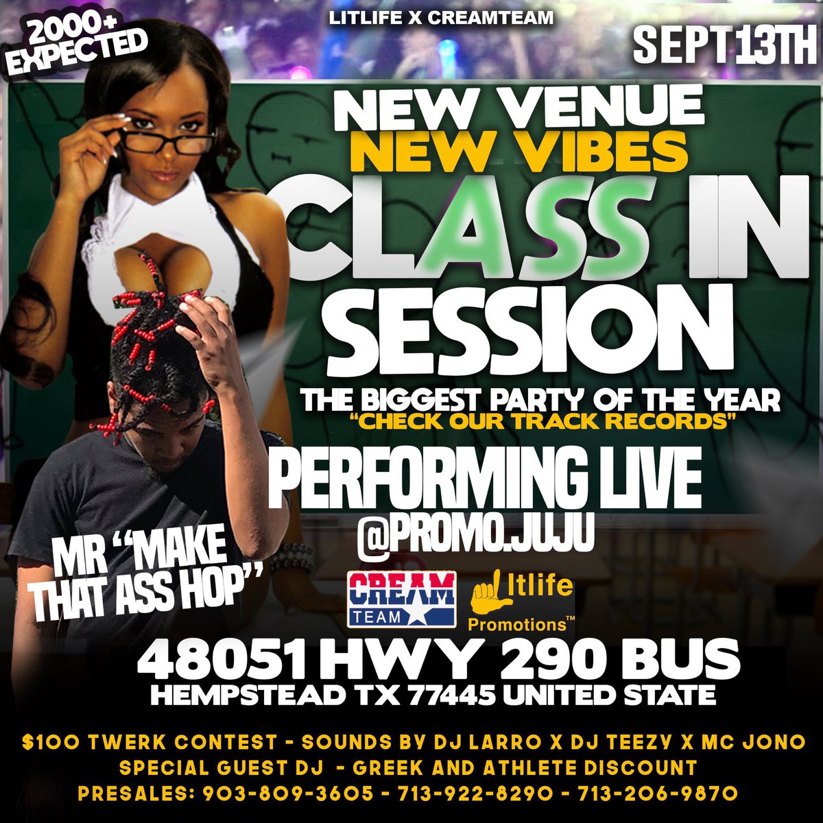 CreagLyric's tweet photo. Class is in Session Fri Sept13📍
Get them presales while they hot🎟
PVAMU’s 1st INSIDE Venue of the year we bringing back the Q CLUB🏆
Special Guests pulling up! 🧨
Tell ya messy friend😂🥳#PvClassinSession #FREEMCJONO🎤
@CreamteamPV @LiTLiFeTx https://t.co/8AXj4wRdyG