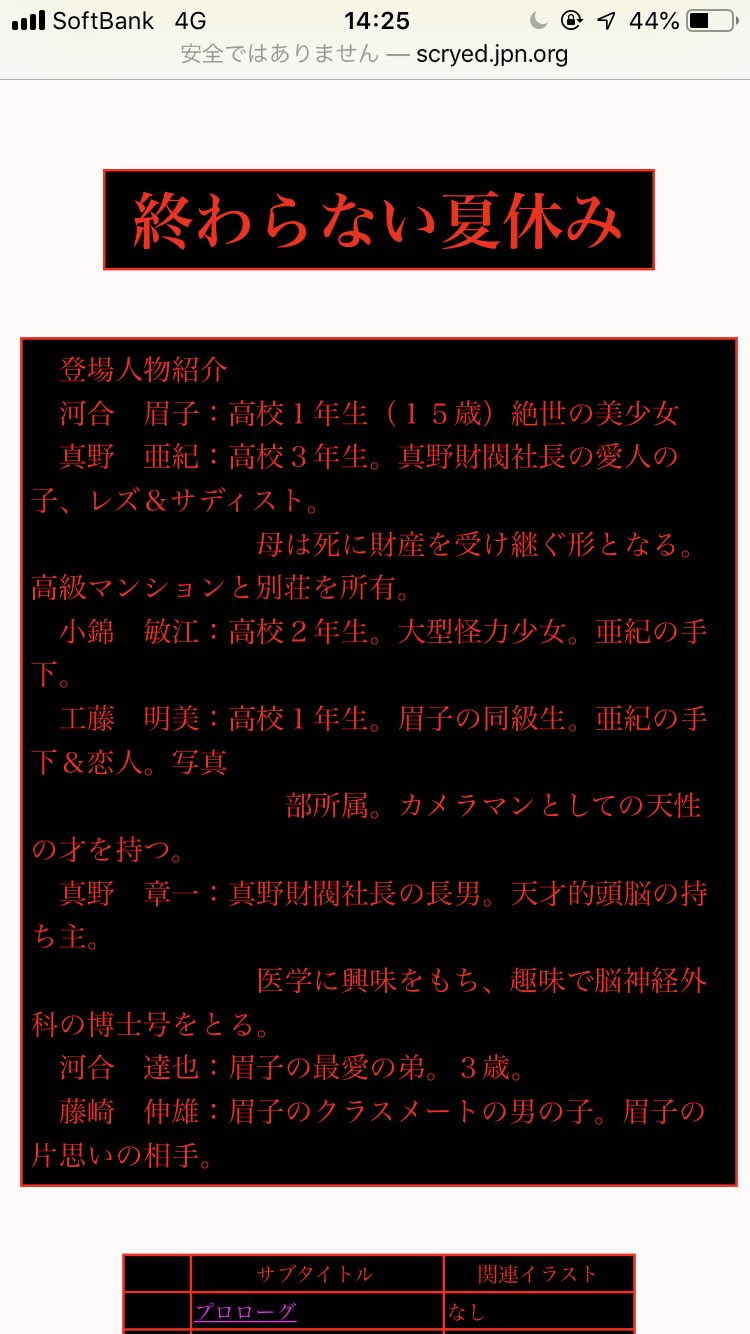 低浮上 on X: 【終わらない 夏休み】 ウェブサイトにあるグロ小説。現在ミラーで閲覧可能  。wiki内の危険度は4。私は最初と最後だけずっと気になってて今日初めて読んだけど、むしろごちそうさまでした。  サイト内はこんな感じ。ホラー画像が出てくるとかはない文章だけ ...