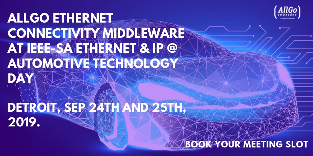 AllGo Systems will demonstrate its Automotive Ethernet Connectivity Middleware offerings at IEEE-SA Ethernet &amp; IP @ Automotive Technology Day,  Sep 24th and 25th, 2019, Crown Plaza, Detroit. Book your meeting slot by writing to marketing@allgosystems.com

<a href="/nksancheti/">Nirmal Sancheti</a>  <a href="/magesh18/">Magesh Margabandu</a>