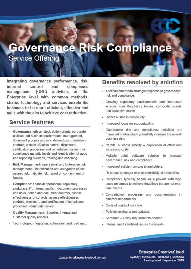 We've seen an increase in the number of government agencies reaching for Governance, Risk and Compliance (GRC) capability to help them manage project compliance, control, definition, enforcement and monitoring. For more info on our GRC services, visit:  enterprisecreativecloud.com.au/2019/09/10/gov…