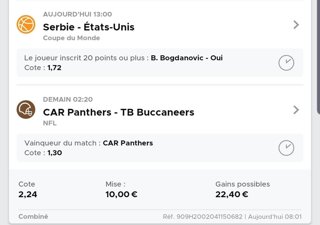 DupontdPronos's tweet photo. 🎩🎩 Dupont &amp; Dupond Pronos || #89

🏀 Bogdanovic 20pts ou + (1.72) + 🏈 Car. Panthers (1.30) : 2.24@
▶️ Mise : 10.00€ (5.00% BK)

• Bankroll Initiale : 200.00€
• Bankroll Actuelle : 300.72€
• % Reussite : 61.86% (53/88)
• ROI : +11.30%

#TeamParieur
#JeDiraisMemePlus https://t.co/7d1Lc5ayIf
