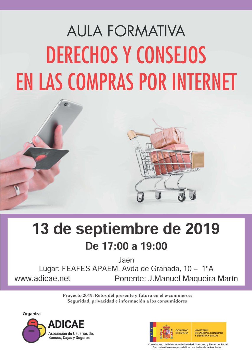 PradoKala's tweet photo. ¿Quieres saber sobre Derechos y Consejos en las compras por Internet? Apunta en la agenda. Mañana en Jaén. Sede de FEAFES APAEM de 17:00 a 19:00. Consumidores informados. https://t.co/RoCaN1pmtU
