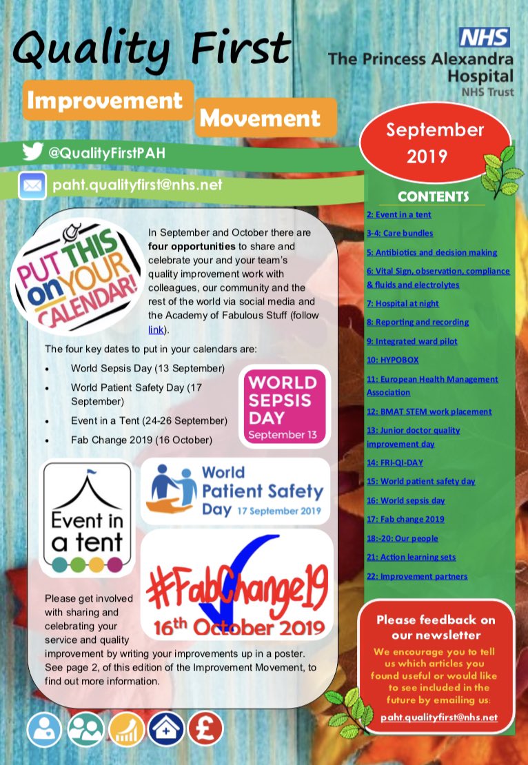 We are delighted to share September’s edition of the #ImprovementMovement follow link:

pah.nhs.uk/media/942/Impr…

#PuttingQualityFirst #ImprovingPatientOutcomes #FabChange19 #WorldSepsisDay #WorldPatientSafetyDay #QualityImprovement #PAHTPeople #Improve4Patients #EventInATent 😁👍