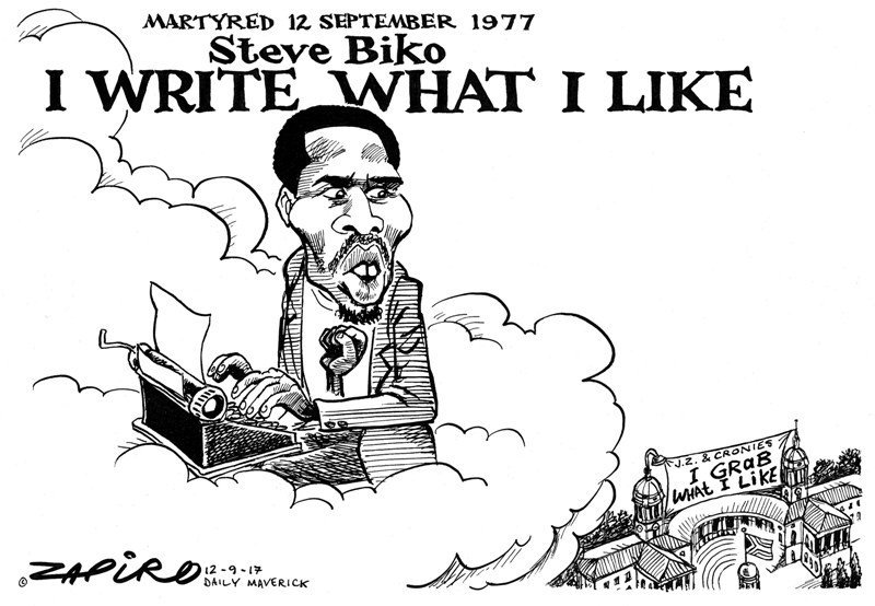 zapiro's tweet photo. Remembering #SteveBiko who died 42 years ago on this day 12 September 1977 #RIP Zapiro's archival cartoon published @dailymaverick (12 September 2017) - https://t.co/LucmMn3kPy https://t.co/ThzfBXSpuL